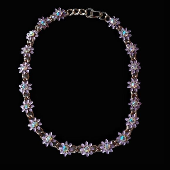 Vintage enamel lavender metal flower ab crystal  floral link necklace 15” - Picture 10 of 14